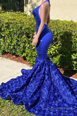 Mermaid Spaghetti strap Appliques Lace Sequined Open Back Floor-length Sleeveless Prom Dress