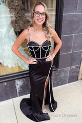 Mermaid Spaghetti Straps Black Long Prom Dress with Beading Split Front