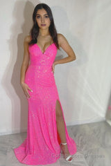 Mermaid Spaghetti Straps Hot Pink Long Prom Dress with Split Front