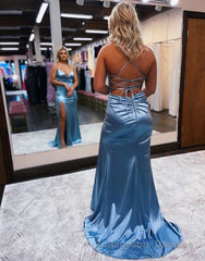 Mermaid Spaghetti Straps Satin Prom Dress with Slit