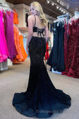 Mermaid Spaghettti Straps Black Sequins Long Prom Dress with Split Front