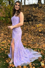 Mermaid Strapless Lace Long Prom Dress with Slit