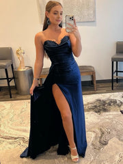 Mermaid Strapless Satin Prom Dress with Slit