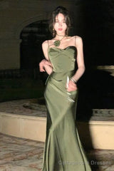 Mermaid Straps Satin Green Prom Dresses Formal Evening Dress