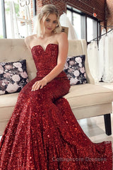 Mermaid Sweetheart Burgundy Sequins Long Prom Dress with Sweep Train