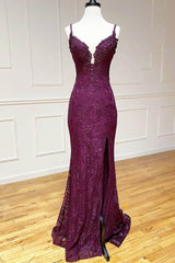 mermaid/trumpet spaghetti straps grape lace beaded long prom Dresses formal evening Dresses