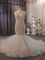 Mermaid Tulle Lace Beading Spaghetti Straps Wedding Dresses