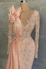 Mermaid V-neck Beading Sequined Floor-length Long Sleeve Appliques Lace Flower Prom Dresses