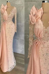 Mermaid V-neck Beading Sequined Floor-length Long Sleeve Appliques Lace Flower Prom Dresses