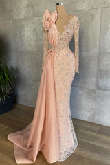 Mermaid V-neck Beading Sequined Floor-length Long Sleeve Appliques Lace Flower Prom Dresses