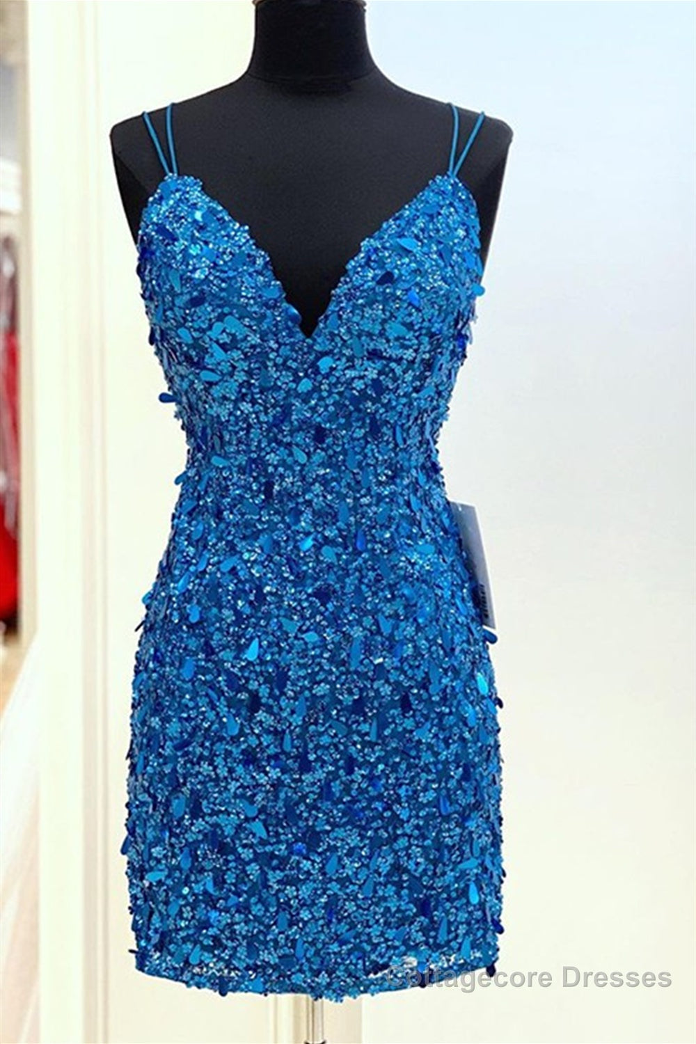 Mermaid V Neck Blue Sequins Short Prom Dresses, Mermaid Blue Homecoming Dresses, Blue Formal Evening Dresses