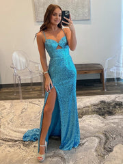 Mermaid V Neck Cutout Blue Long Prom Dresses