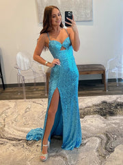 Mermaid V Neck Cutout Blue Long Prom Dresses