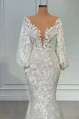 Mermaid V-neck Lace Floor-length Long Sleeve Applique Beaded Wedding Dresses