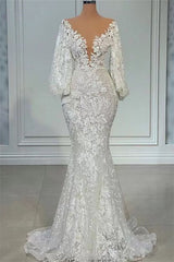 Mermaid V-neck Lace Floor-length Long Sleeve Applique Beaded Wedding Dresses