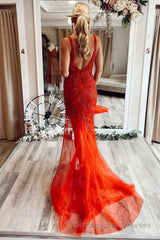 Mermaid V Neck Red Long Prom Dress with Embroidery