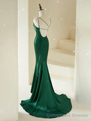 Mermaid V Neck Satin Green Long Prom Dress, Green Long Evening Dress