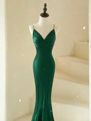 Mermaid V Neck Satin Green Long Prom Dresses, Green Satin Long Formal Dresses