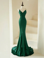 Mermaid V Neck Satin Green Long Prom Dresses, Green Satin Long Formal Dresses