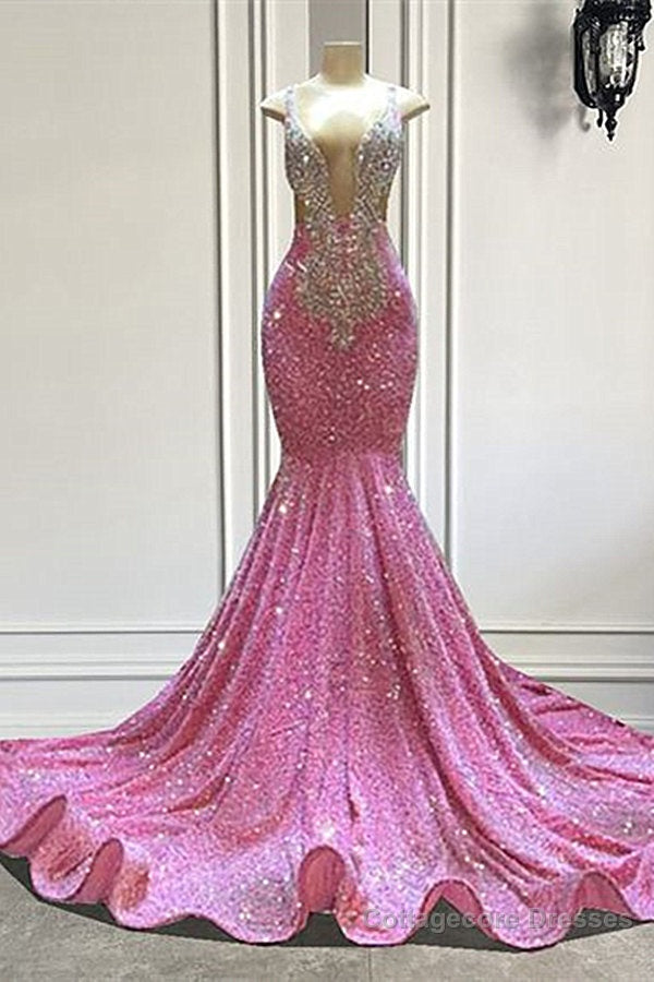 Mermaid V-neck Sequined Floor-length Sleeveless Prom Dress