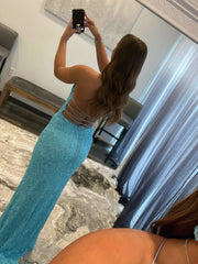 Mermaid V Neck Sequins Prom Dresses with Slit