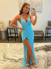 Mermaid V Neck Sequins Prom Dresses with Slit