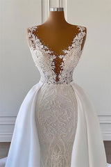 Mermaid V-neck Spaghetti strap Lace Floor-length Sleeveless Applique Beaded With Side Train Wedding Dresses