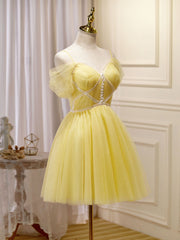 Mini/Short Yellow Prom Dresses, Yellow Cute Homecoming Dress With Beading Lace