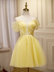 Mini/Short Yellow Prom Dresses, Yellow Cute Homecoming Dress With Beading Lace