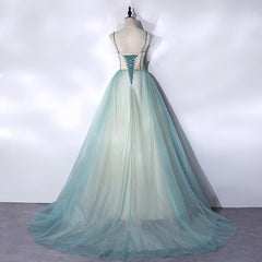 Mint Green Long Tulle with Lace Sweet 16 Dress, Long Party Dresses