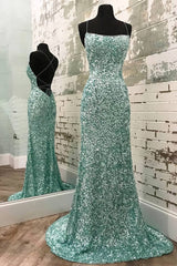 Mint Green Sparkly Mermaid Prom Dresses,Long Backless Evening Dresses