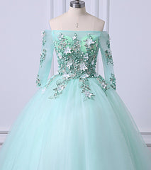 Mint Green Tulle Off Shoulder Long Sleeve Lace Applique Sweet 16 Prom Dresses, Formal Dresses