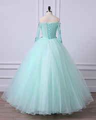 Mint Green Tulle Off Shoulder Long Sleeve Lace Applique Sweet 16 Prom Dresses, Formal Dresses