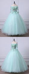 Mint Green Tulle Off Shoulder Long Sleeve Lace Applique Sweet 16 Prom Dresses, Formal Dresses