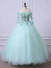 Mint Green Tulle Off Shoulder Long Sleeve Lace Applique Sweet 16 Prom Dresses, Formal Dresses