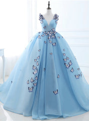 Mirusponsa Real Image Light Blue V-Neck Quinceanera Dresses Ball Gown Dresses