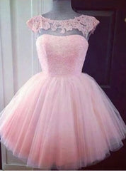 Modern A-Line School Homecoming Dresses Lace Tulle Cap Sleeve Knee Length