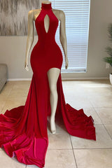 Modern High Neck Red Leg Split Mermaid Prom Dress Long