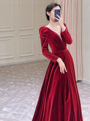 Modest A Line Long Sleeves Red Satin Evening Dresses Prom Dresses