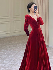 Modest A Line Long Sleeves Red Satin Evening Dresses Prom Dresses