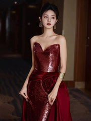 Modest Mermaid Sweetheart Burgundy Floor Length Evening Dresses Sequin Prom Dresses