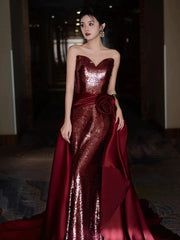 Modest Mermaid Sweetheart Burgundy Floor Length Evening Dresses Sequin Prom Dresses