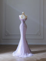 Modest Mermaid Sweetheart Lilac Tulle Sequin Flowers Evening Dresses Prom Dresses