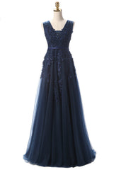 Navy Blue A-line V-neck Appliques Prom Dresses