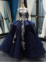 Navy Blue Ball Gown Lace White Lace Appliques Backless Prom Dresses