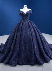 Navy Blue Ball Gown Off the Shoulder Prom Dresses