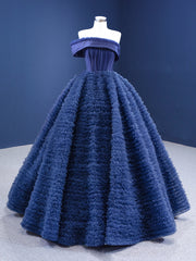 Navy Blue Ball Gown Tulle Strapless Prom Dresses