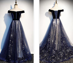 Navy Blue Floral Off Shoulder Velvet and Tulle Prom Dresses, Blue Party Dresses Formal Dresses