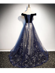 Navy Blue Floral Off Shoulder Velvet and Tulle Prom Dresses, Blue Party Dresses Formal Dresses