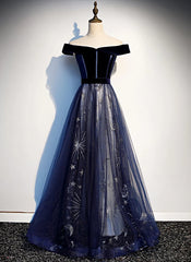 Navy Blue Floral Off Shoulder Velvet and Tulle Prom Dresses, Blue Party Dresses Formal Dresses